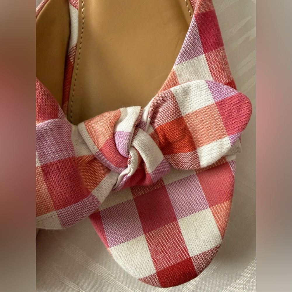 J. Crew Bow Pink and Red Plaid Mules Size 8.5 Wooden Slip On - Picture 4 of 8